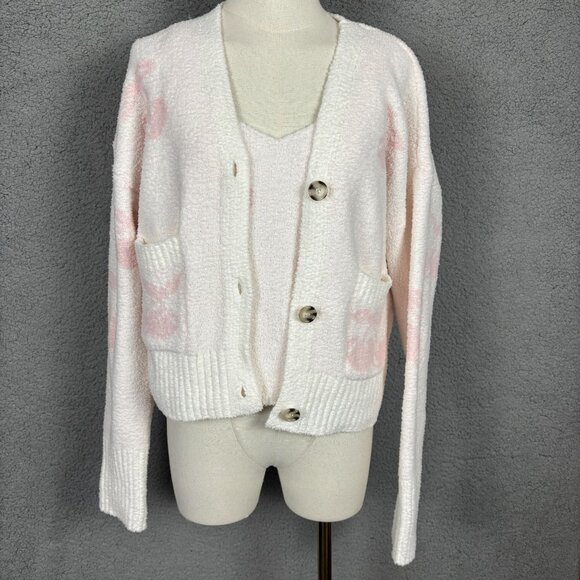 Hippie Rose Juniors XL Pink & White Cream Cherry Print Sweater & Cardigan NWT's. - Picture 1 of 8
